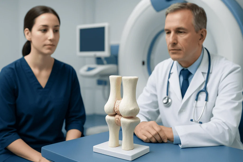 Doctor explaining fibrous joint structure with model bones to a patient.