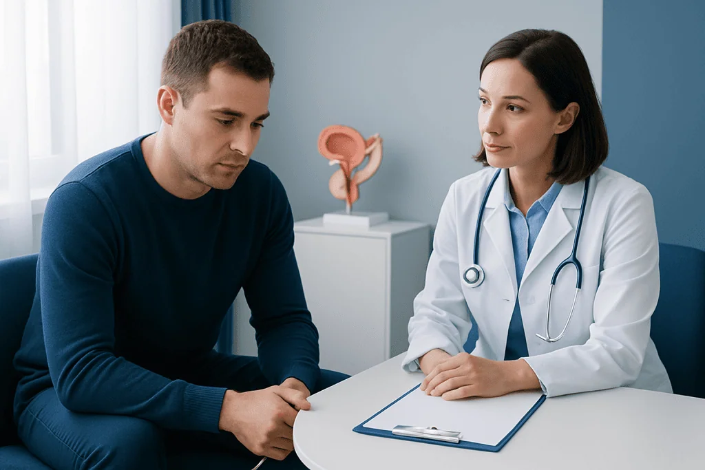 Doctor consulting with male patient in a medical office setting.