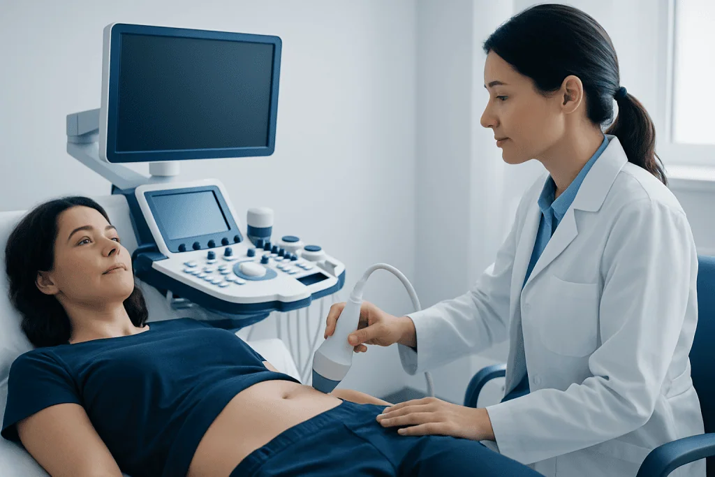 Doctor performing an ultrasound on a patient in a medical clinic.