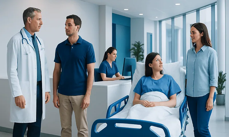 Hospital staff and patient in a modern medical ward in Turkey.