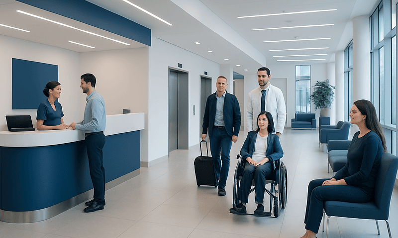 Patients and staff in a modern hospital lobby with a reception desk and seating area.