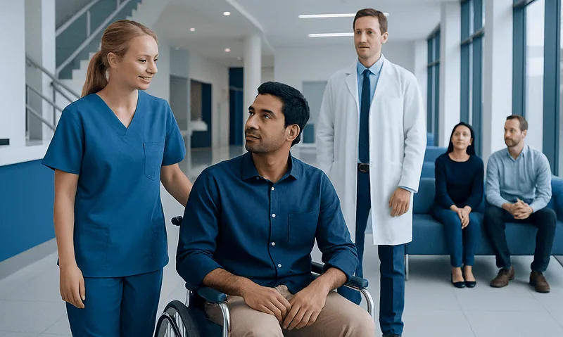 Healthcare professionals and a patient in a hospital corridor.