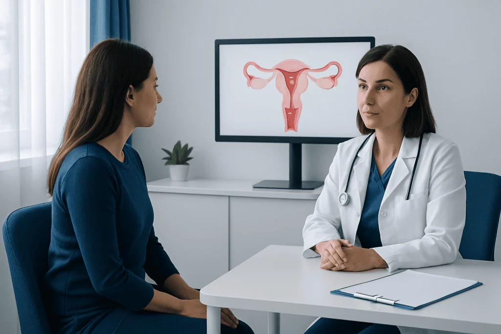 Doctor explaining uterine health to patient during consultation.