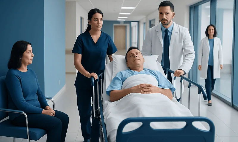 Hospital staff transporting a patient on a stretcher in a modern hospital corridor.