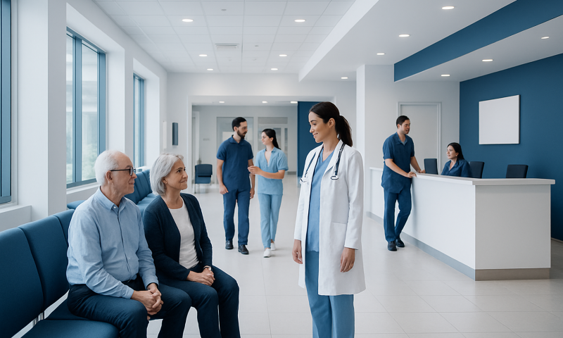 What Is Included in the Cost of Treatment in Turkey? 1 Healthcare professionals consulting with elderly patients in a modern hospital lobby.