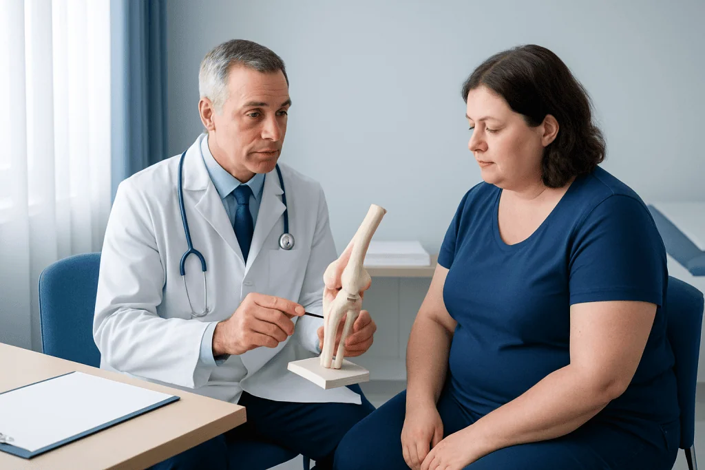 Orthopedic doctor explaining knee joint to patient in consultation room.
