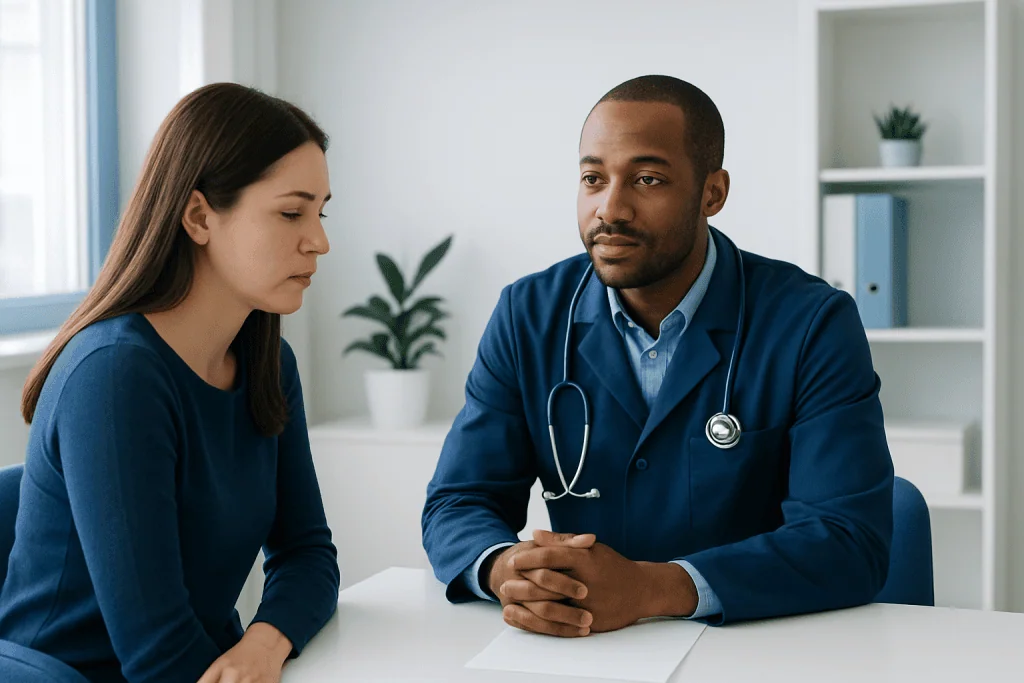 Doctor consulting with a female patient in a modern clinic setting.