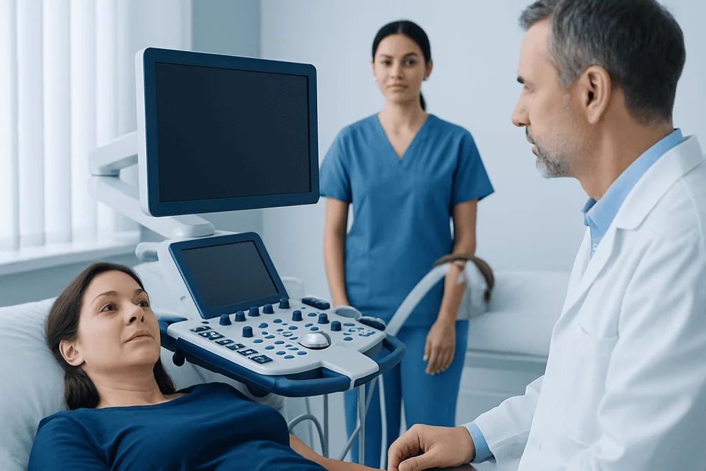 Doctor performing an ultrasound on a patient in a medical clinic.