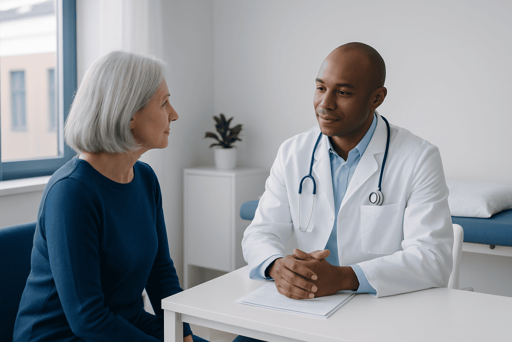 Doctor consulting with an elderly woman in a medical office.
