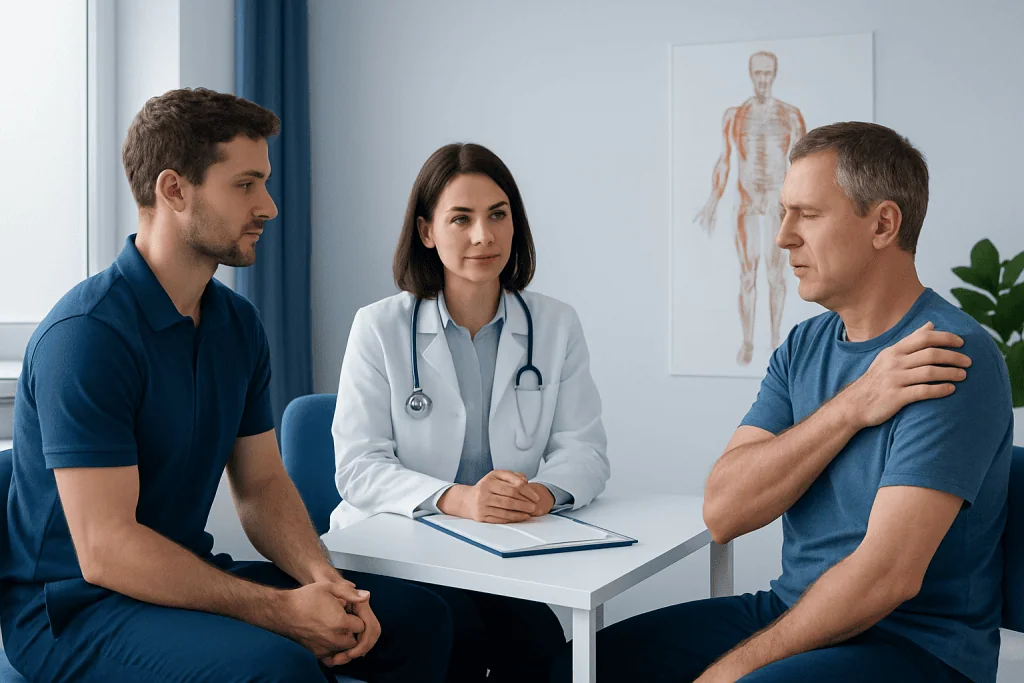 Doctor consulting with patient about shoulder pain treatment options.