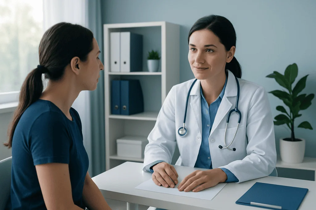 Doctor consulting with patient in a modern medical office.