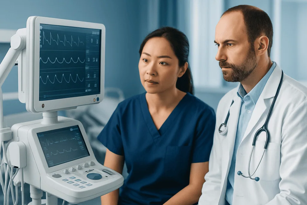 Doctors analyzing patient heart monitor in hospital setting.