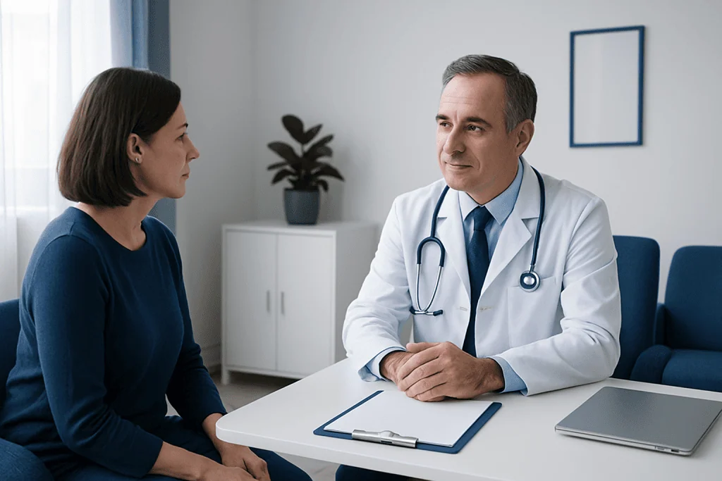 Doctor consulting with a female patient in a modern clinic setting.