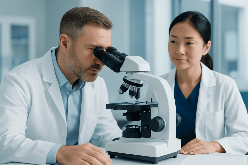 Scientists examining samples with a microscope in a medical laboratory.