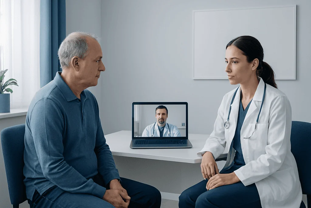Doctor and patient in consultation with remote follow-up via video call.