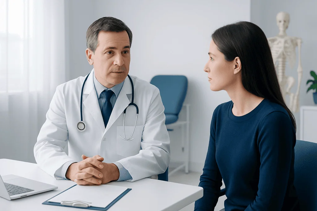 Doctor consulting with a female patient in a medical office setting.