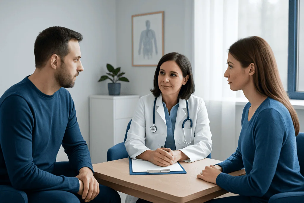 Doctor consulting with two patients in a modern clinic setting.