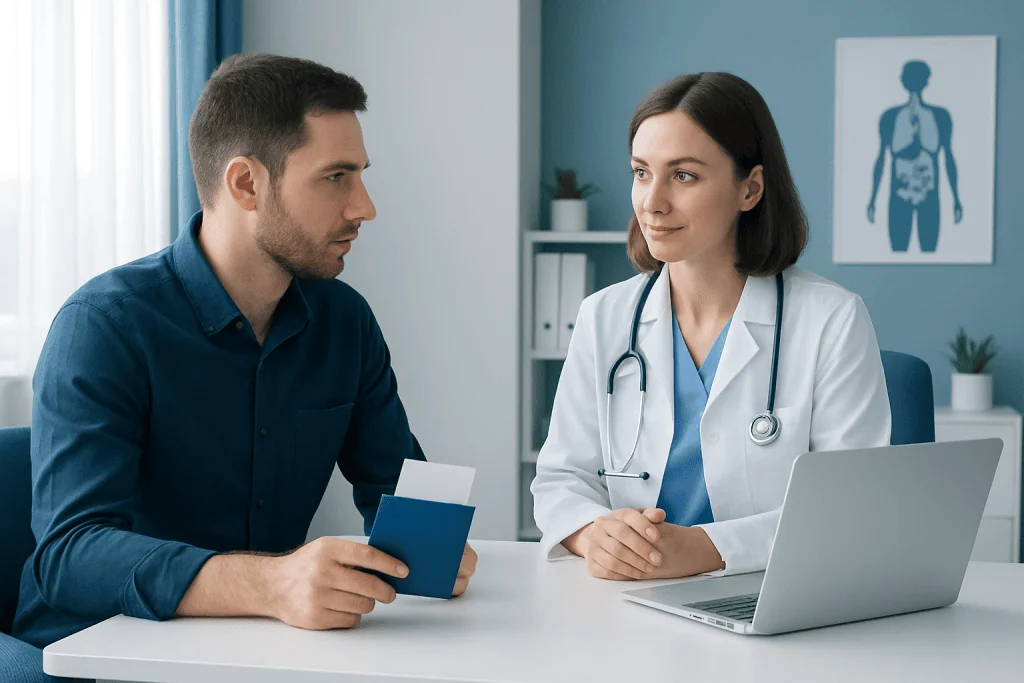 Doctor consulting with patient about pre-travel medical review at Acibadem Hospital.