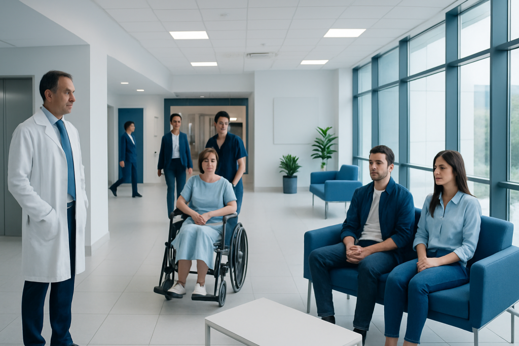 How to Choose Between Inpatient and Outpatient Treatment in Turkey 1 Medical team consulting patient in hospital corridor with wheelchair and staff.