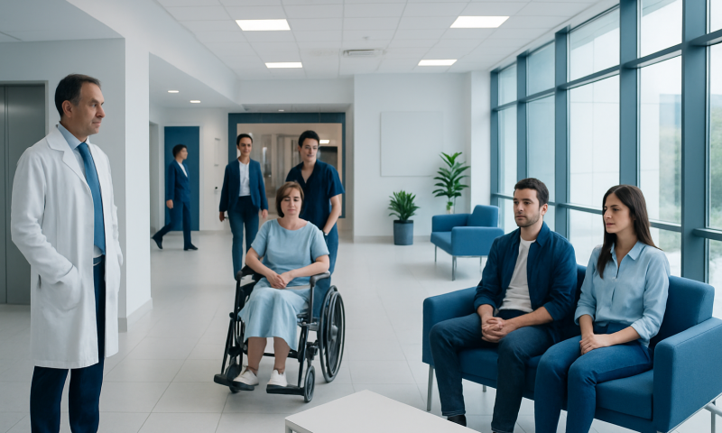 Medical team consulting patient in hospital corridor with wheelchair and staff.