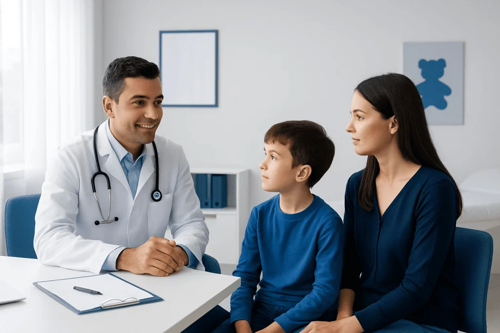 Pediatric consultation at Acibadem Hospital in Turkey with doctor, mother, and child.