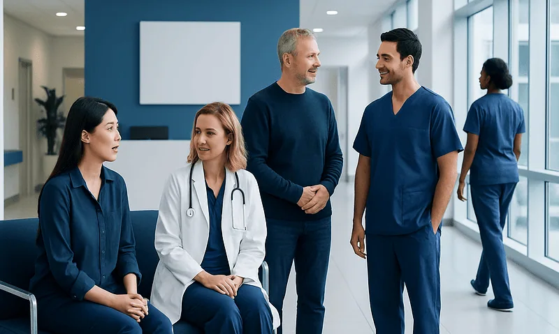 Medical team and patient engaging in conversation at hospital corridor.