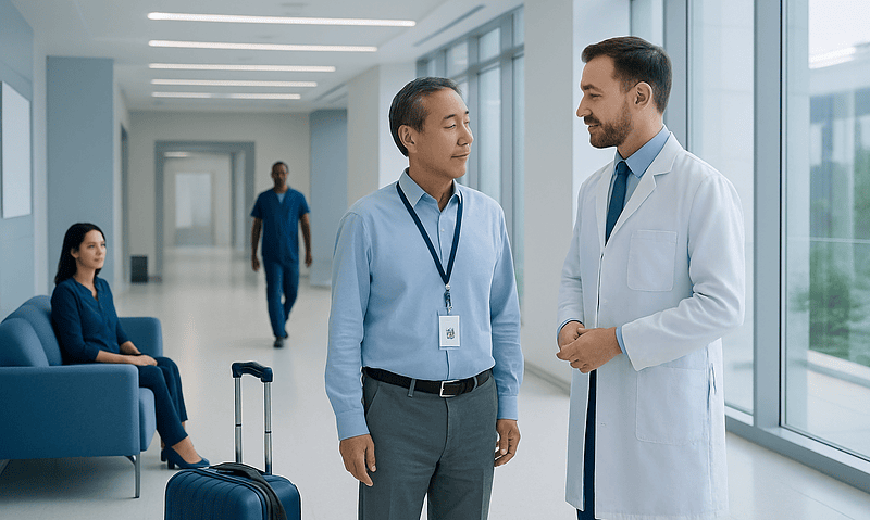 Doctor and patient having a conversation in hospital corridor.