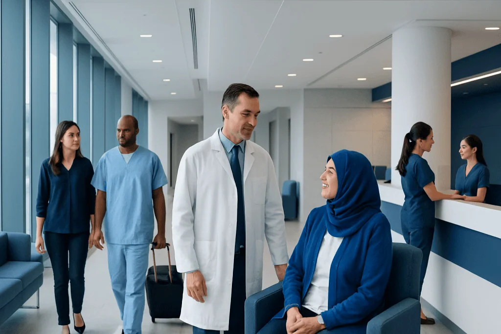 At Acibadem: How We Support International Patients from Start to Finish 1 Hospital staff assisting a patient at the reception desk in a modern medical facility.