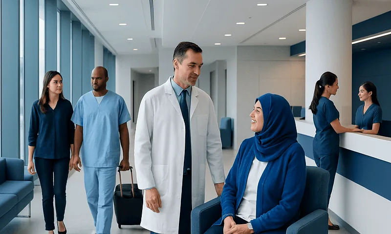 Hospital staff assisting a patient at the reception desk in a modern medical facility.
