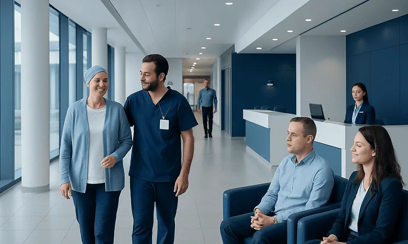 Friendly healthcare professionals welcoming a patient at Acibadem Hospital.