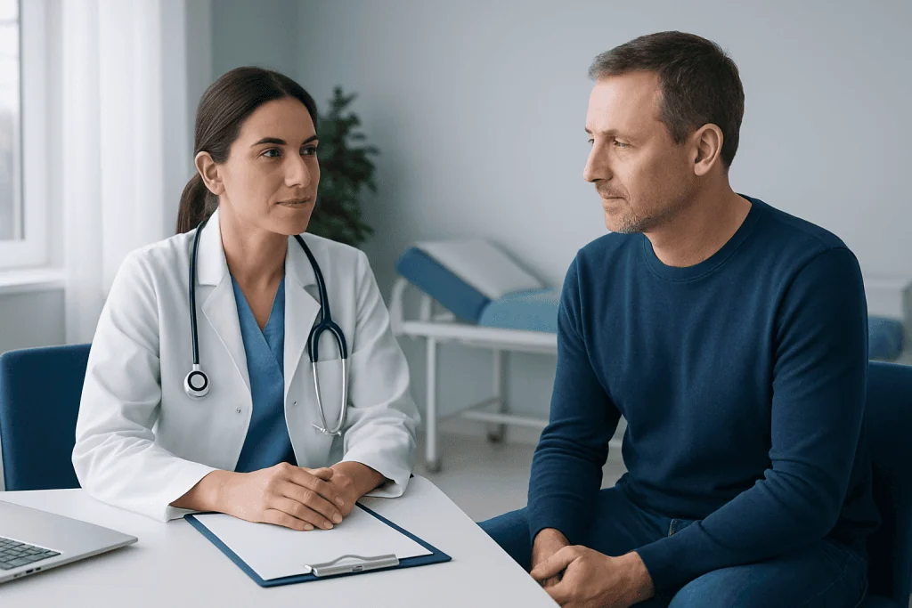 Doctor consulting with male patient in a medical office.