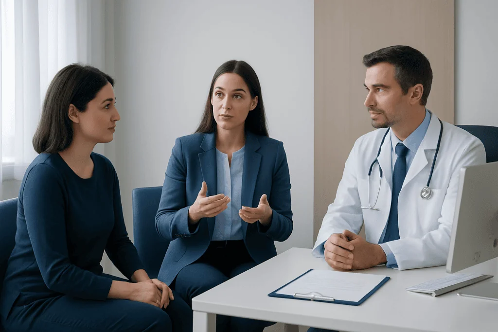 Doctor consulting with two female patients in a medical office.