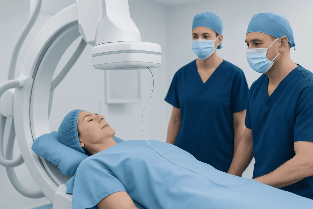 Medical team performing interventional neurology procedure on patient in hospital.