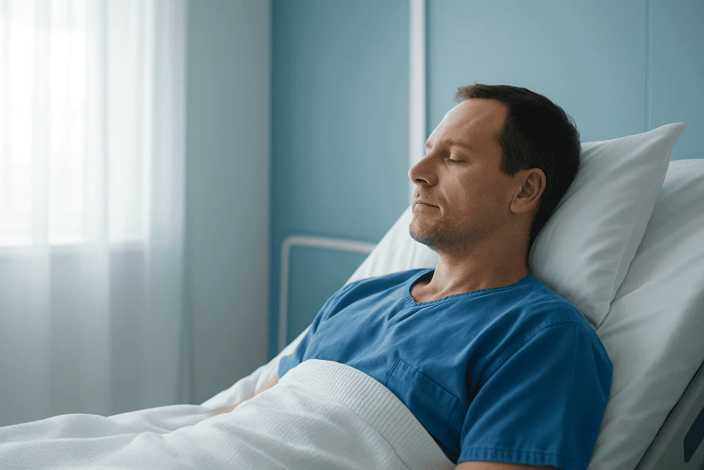 What Is a Cyst Non Cancerous? Causes & Treatment. 1 Patient resting in hospital bed with eyes closed, recovering from treatment.