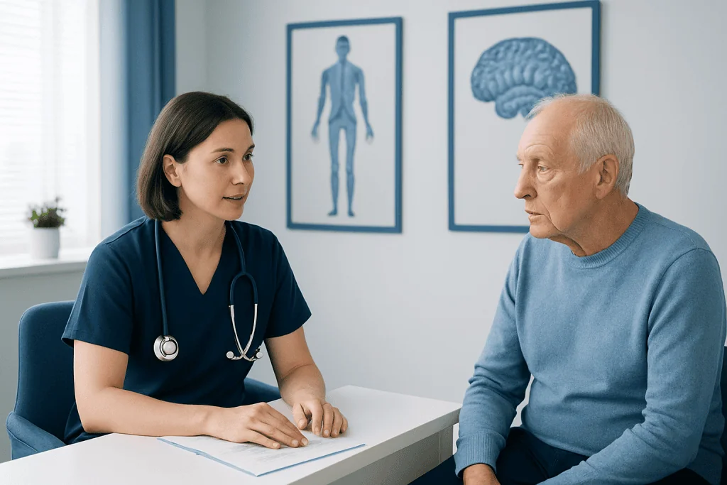 Doctor consulting with an elderly male patient in a medical office.