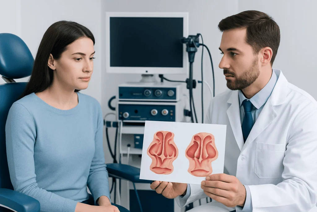 Doctor explaining nasal differences with diagram to patient in clinic.