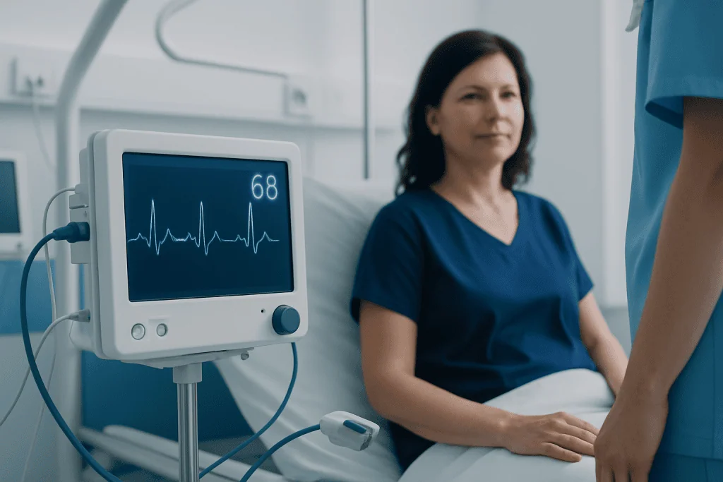 Patient's resting heart rate monitored on a medical device in a hospital.