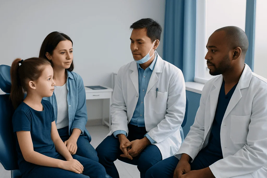 Pediatric patient consulting with a dental team in a clinic setting.