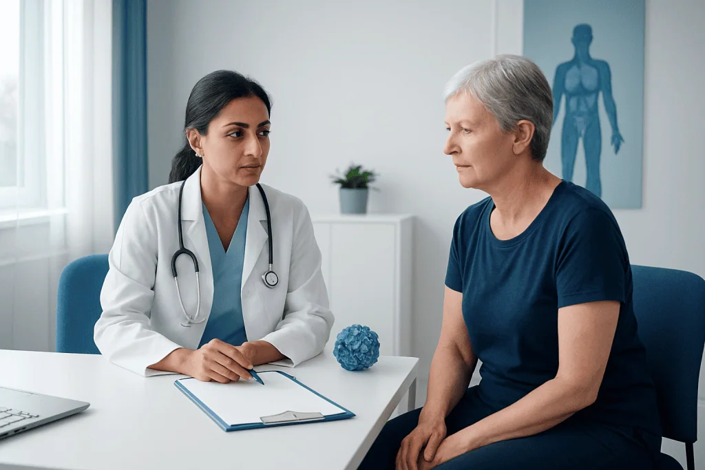 Doctor consulting with a female patient in a medical office.