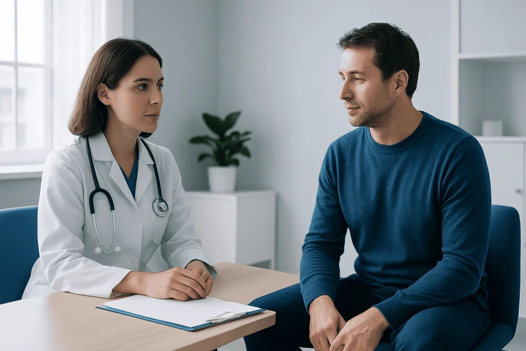 Doctor consulting with male patient in a medical office setting.