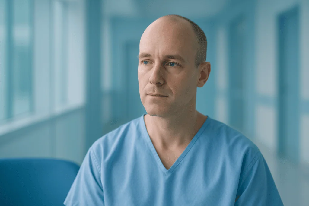 What Is Ball Cancer? Causes, Myths & Facts 1 Male doctor in blue scrubs looking thoughtfully in a hospital corridor.