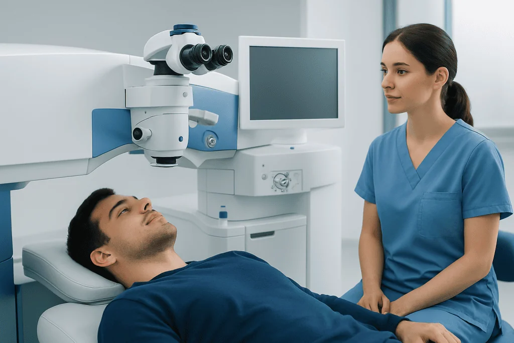 Ophthalmologist preparing for Femto LASIK eye surgery in a modern clinic.