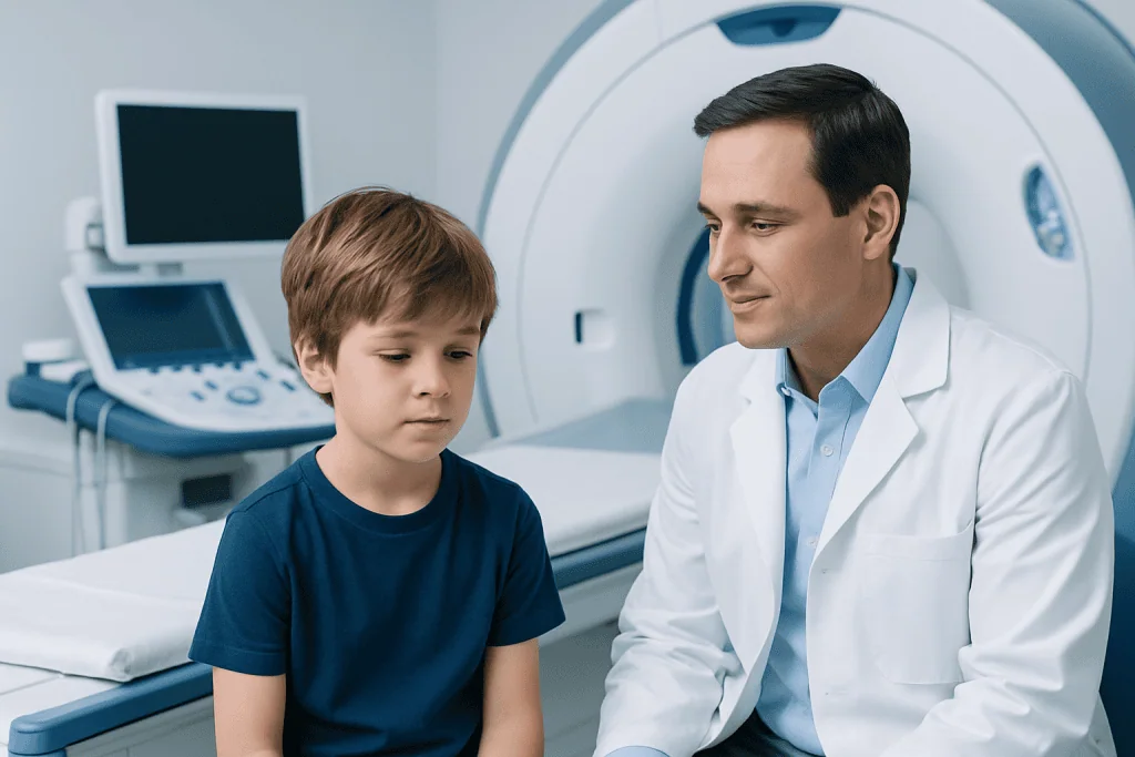 Doctor consulting a young boy in a hospital MRI room.