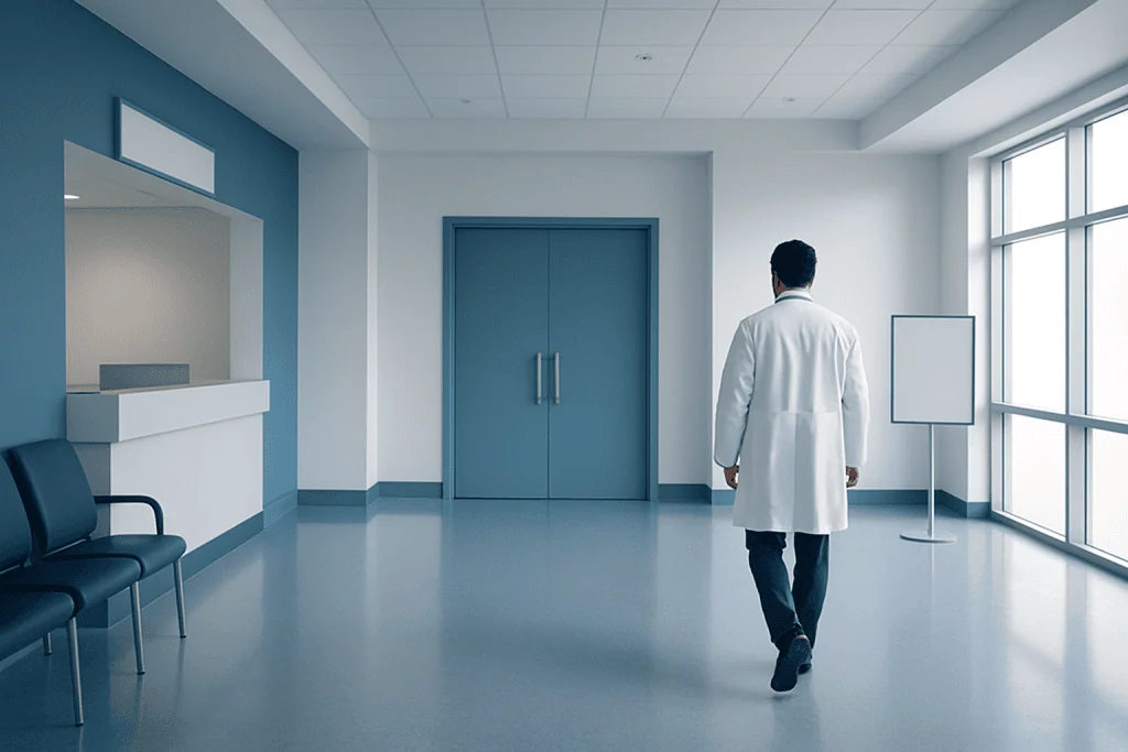 What Is Inflammatory Breast Cancer? Symptoms & Diagnosis. 1 Empty hospital corridor with a doctor walking towards the elevator.