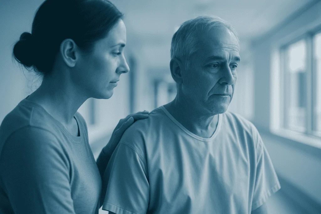 What Is Lymphatic Cancer? Symptoms & Early Signs 1 Compassionate nurse supporting an elderly patient in a hospital corridor.