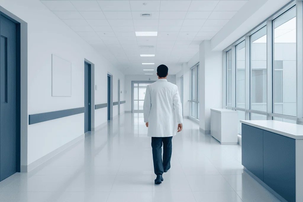 What Is Nipple Cancer? Signs, Causes & Treatment 1 Doctor walking down a bright hospital corridor with large windows.