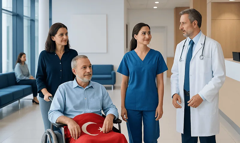 Hospital staff consulting with a patient in a wheelchair at Acibadem Hospital.