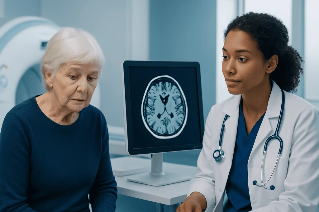 Doctor explaining brain scan to elderly woman in a medical setting.