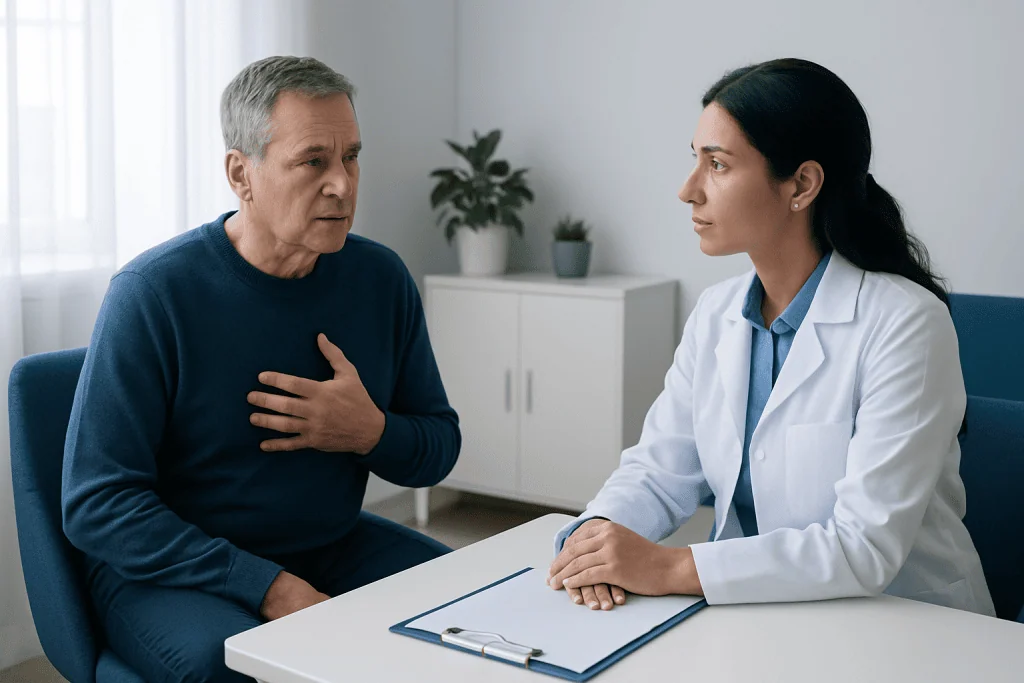 Doctor consulting with a patient about post-heart bypass symptoms.