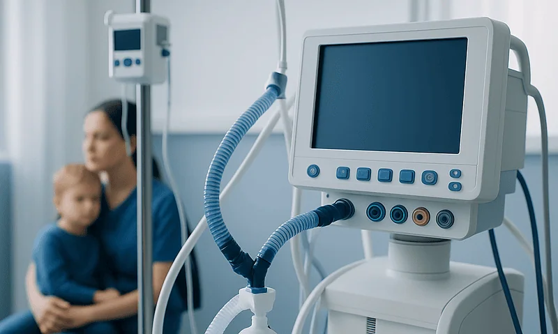 Hospital monitor in pediatric ward with a mother and child in the background.